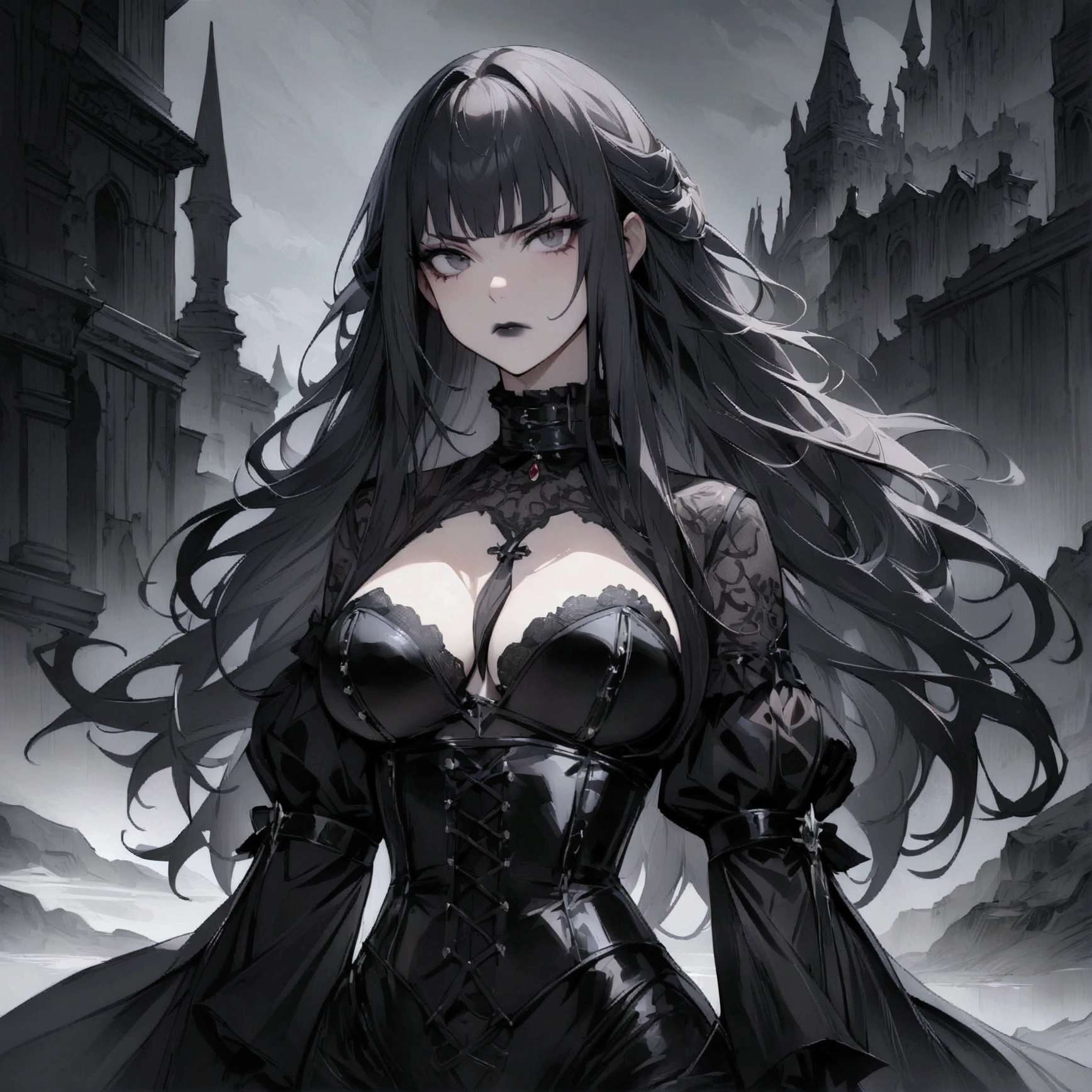 ((Highest quality)), ((masterpiece)), (Very detailed:1.3),Long hair in women, bangs, Leather corset, Black Lipstick Gloves Grotesque, Gothic Landscape, Serious expression