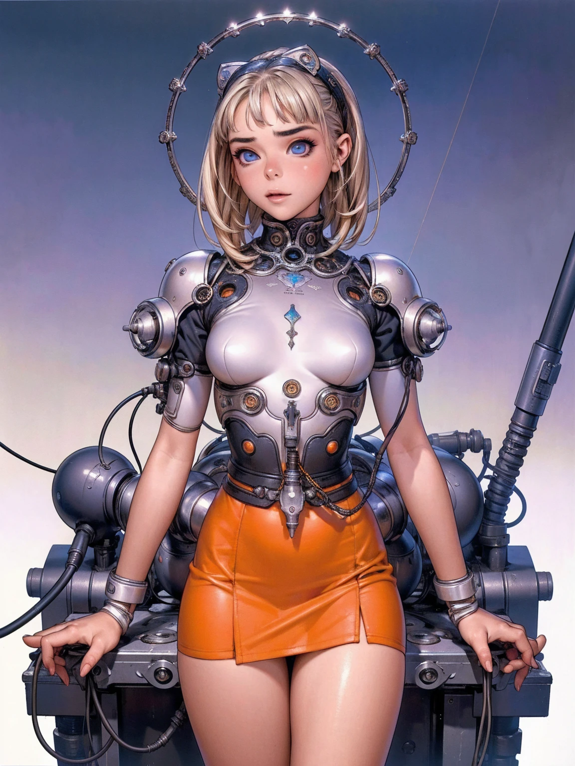 (La best qualityer,A high resolution,ultra - detailed,real),Sabrina Carpenter cyborg, ( orange mini skirt :1.4), WHITE short top,,(Cyberpunk ruined dungeon ruins background :1.4 ), (mechanical vertebrae attached to the back, mechanical cervical fixation to the neck, wires and cables that connect to the head, evangelization, small bright LED lamps:1.4) , 8K more detailed.engine unreal:1.4,ultra HD,La best qualityer:1.4, photorrealistic:1.4, texture skin:1.4, Masterpiece artwork:1.8,Masterpiece artwork, best qualityer,object object], (detailed facial features:1.3),(The correct proportions),(gorgeous blue eyes),  (cowboy pose),( Sabrina Carpenter:1.4), (Sabrina Carpenter V2.1),( Perfect Anatomia:1.4) 