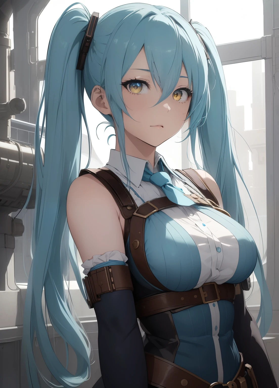 (masterpiece、Highest quality、Highest quality、Official Art、Beautiful and beautiful:1.2)、(One girl:1.3)Hatsune Miku、Twin tails,Beautiful breasts,(((masterpiece、Best image quality、Highest quality、Highly detailed Unity 8kwallpaper)))、((Illustration of one girl、Upper Body))、(((beautiful girl)))、(Fantasy、female pirate)、(Bright light blue hair、Short Ponytail:1.2、Yellow Eyes)、(((Right hand is a prosthetic hand、Steampunk prosthetic arm)))、((expensive))、Stocky figure, Huge frame, Thick neck, Sturdy arms, Strong legs、(captain'suit、pirate hat、Blue coat)、Bridge pier、The pirate ship anchored