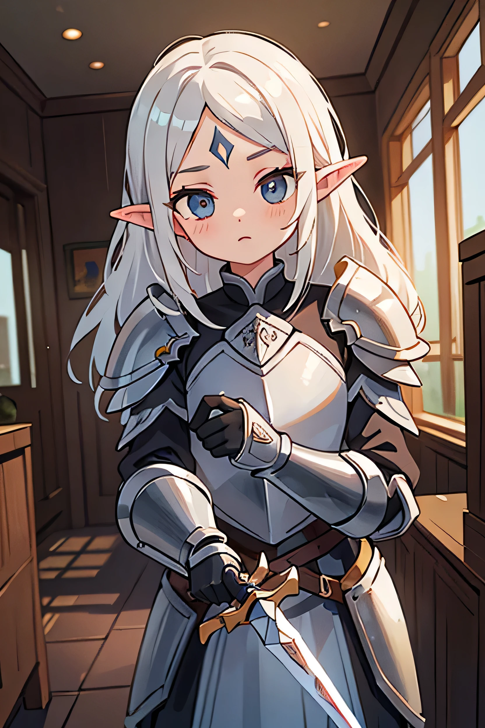 ((Highest quality)), ((masterpiece)), (detailed), Perfect Face, perfect detailed eyes, perfect detailed face, ultra-detailed nose, Silver Hair, Messy Hair, Hair above the eyes, Medium Hair, Pale skin, Forehead mark, Pointed Ears, Cinema Lighting, Chiaroscuro, Fairy, Female Knight, Elven Hero, (Wearing black armor, Holding a dagger in his right hand), Cowboy Shot