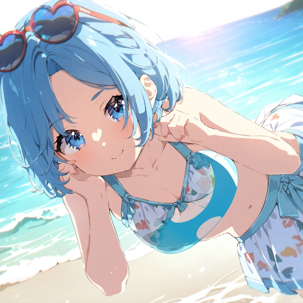 Highest quality, masterpiece, ,Blue Hair,blue eyes,Double exposure, The best smile, Cute pose, Swimwear, Ocean, sunlight, Sandy Beach, Swim ring,Sparkling