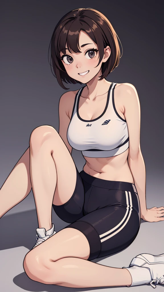(((masterpiece, best quality, ultra highres, 1 girl, solo, no background))), super detailed skin and face and eyes and finger, beautiful japanese woman, small breasts:1.5, skinny, light brown hair, white background, very short pixie hair, Knee shot, Generate with illustrations, Various expressions, Various poses, Please draw the entire character within the frame, ensuring that the head, arms, and legs are not cut off. The background should be simple, with the character positioned centrally, outline, anime, 2d, boyish, smile showing teeth, track bloomers, athletic sports bra, spread legs,