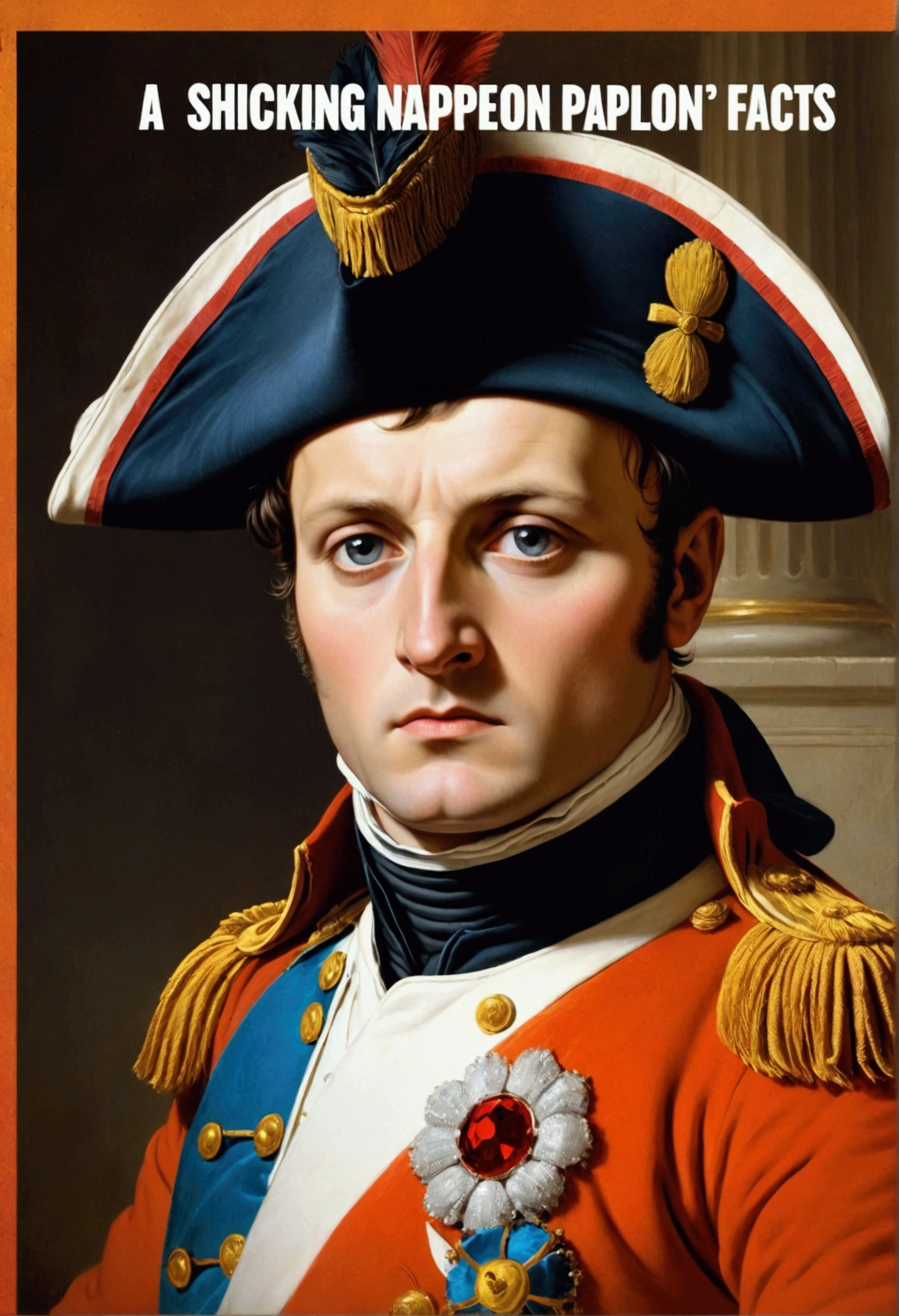 A detailed and classic portrait of Napoleon Bonaparte, with a bold and eye-catching title overlay that reads "Shocking facts about Napoleon that 90% of people don't know" in vibrant colors.