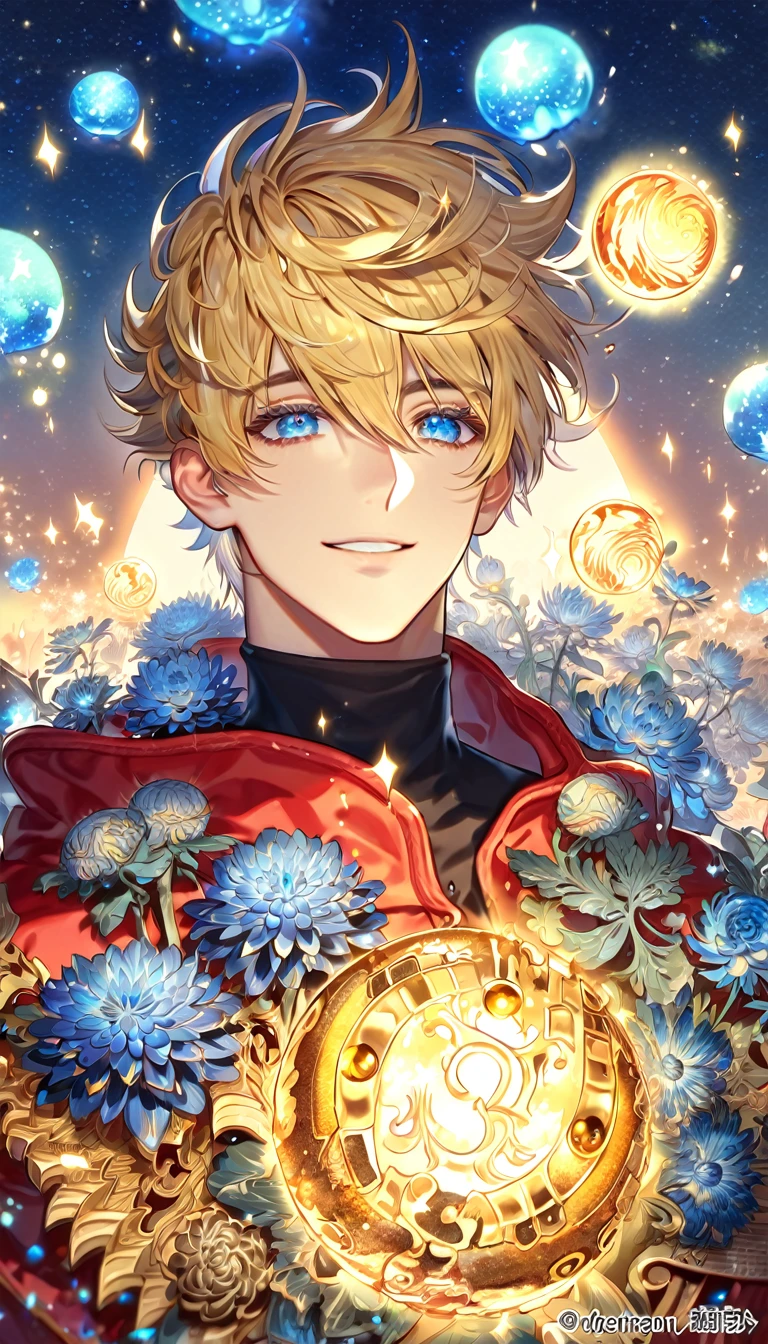 absurdres, highres, ultra detailed, HDR, master piece, best quality, extremely detailed, Vash Stampede, blonde hair, expressive blue eyes, round amber sunglasses, Trigun, solo, sexy man, handsome, smile, hooded red coat, black turtleneck shirt, fantasy, water, sparkling, blue glittering fireflies, blue moon, blue blossoms, blue chrysanthemums, blue sparkling lights, starry sky