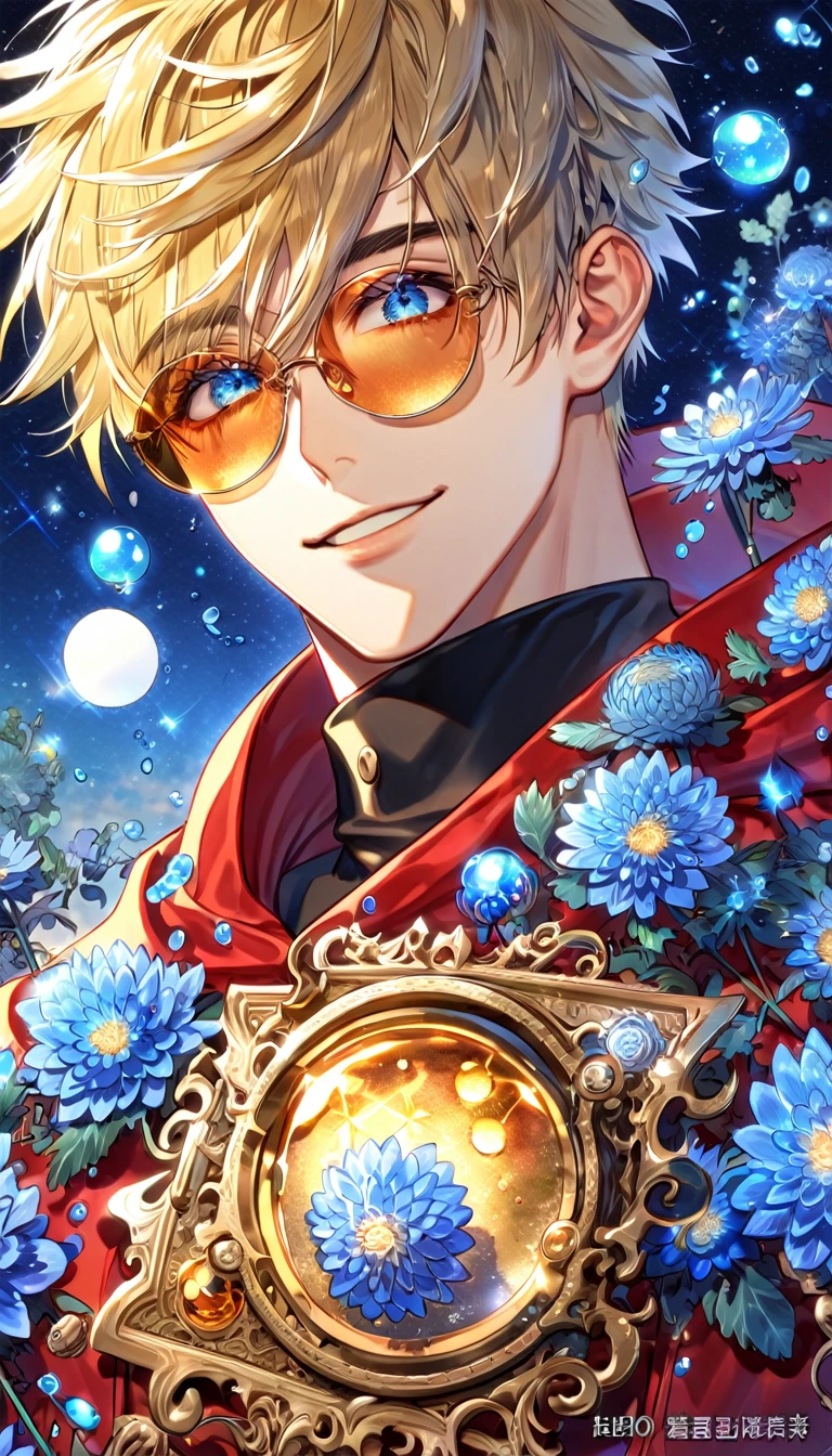 absurdres, highres, ultra detailed, HDR, master piece, best quality, extremely detailed, Vash Stampede, blonde hair, expressive blue eyes, round amber sunglasses, Trigun, solo, sexy man, handsome, smile, hooded red coat, black turtleneck shirt, fantasy, water, sparkling, blue glittering fireflies, blue moon, blue blossoms, blue chrysanthemums, blue sparkling lights, starry sky