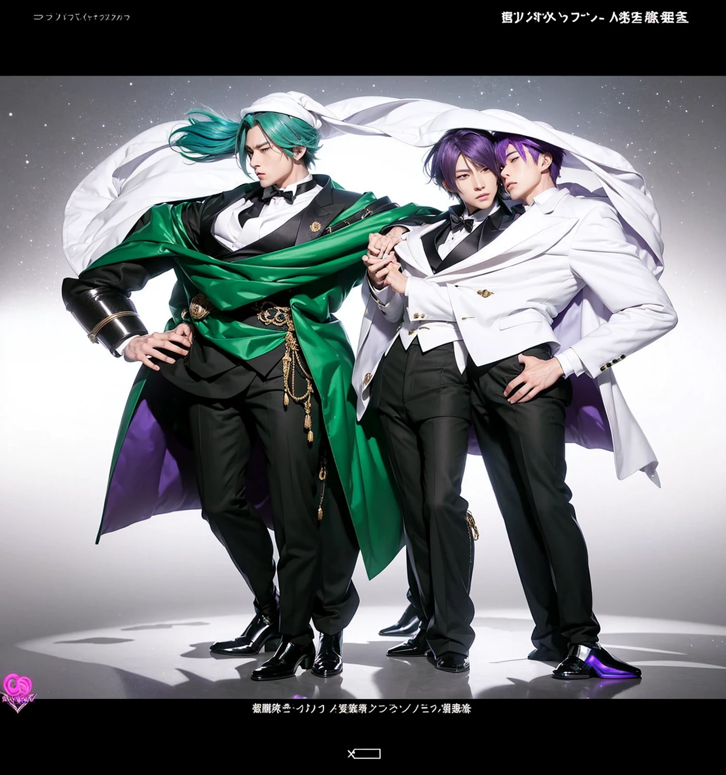 anime characters dressed in formal clothes standing next to each other, an album cover inspired by Okumura Masanobu, Trends in CG society, neo-romanticism, two handsome anime men, one man with green hair and the other man with purple hair, akehiko inoue y ross tran, two men, elegant anime key visual, beautiful androgynous prince, Sakimichan and Frank Franzzeta, androgynous prince