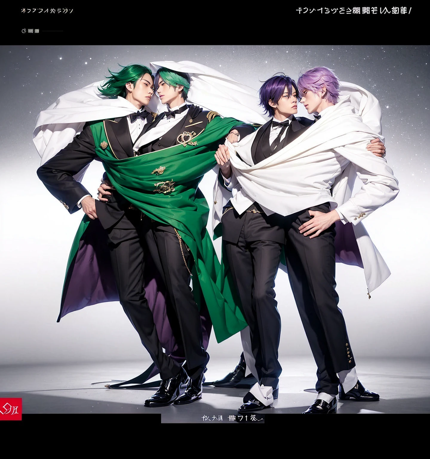 anime characters dressed in formal clothes standing next to each other, an album cover inspired by Okumura Masanobu, Trends in CG society, neo-romanticism, two handsome anime men, one man with green hair and the other man with purple hair, akehiko inoue y ross tran, two men, elegant anime key visual, beautiful androgynous prince, Sakimichan and Frank Franzzeta, androgynous prince