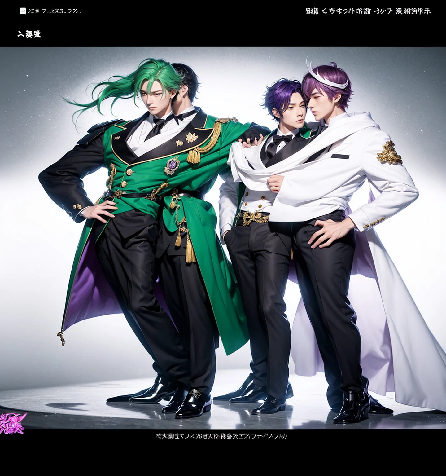 anime characters dressed in formal clothes standing next to each other, an album cover inspired by Okumura Masanobu, Trends in CG society, neo-romanticism, two handsome anime men, one man with green hair and the other man with purple hair, akehiko inoue y ross tran, two men, elegant anime key visual, beautiful androgynous prince, Sakimichan and Frank Franzzeta, androgynous prince
