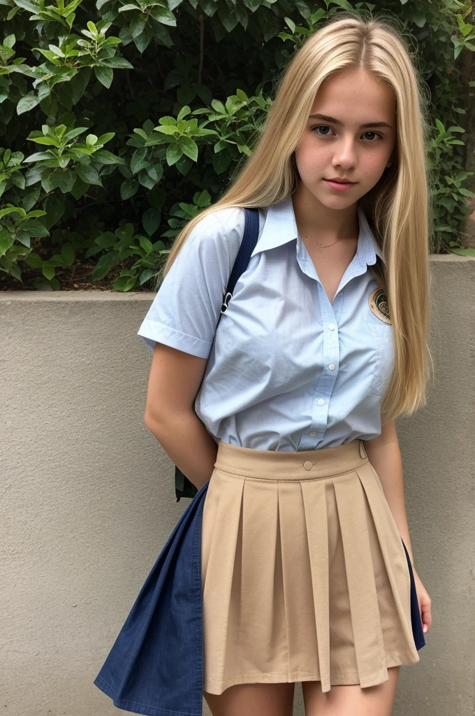 A 18-year-old blonde woman, ((hiperrealismo))textured skin, goosebumps, perfect eyes. Blonde hair with light brown roots. cabello rubio, Hair with brown roots, really long hair. photo taken with iPhone, Porta 160 color. Provocative pose. School girl blue shirt, school girl skirt, school girl uniform, at the garden. Photo taken with iPhone. Cosplay. Cleavage visible 