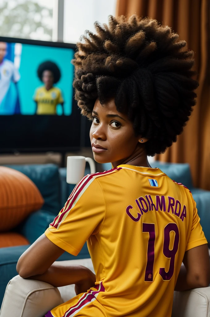 Pixar-type image of an Afro woman watching the game with her back to the game wearing the Colombian national team shirt with the name Lina