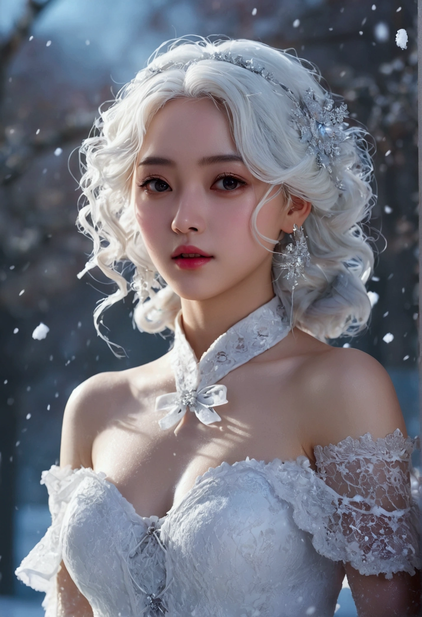 (((masterpiece))), best quality, illustration, 4k wallpaper, movie lighting, absurd, 1 girl,(snow,ice), snow花, in winter, white hair, shiny hair, curls, transparent clothes, frills, lace, wet clothes, leave_Shoulder, hair tie,masterpiece, telephoto lens, absurd, Exquisite facial features,record,Poster composition,pose elegantly,,Natural light,soft light,(Seven-part combination) ,epic,Dreamy and magical,mystery