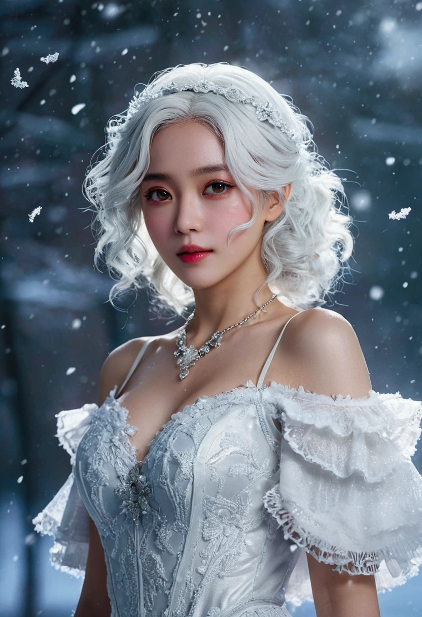 (((masterpiece))), best quality, illustration, 4k wallpaper, movie lighting, absurd, 1 girl,(snow,ice), snow花, in winter, white hair, shiny hair, curls, transparent clothes, frills, lace, wet clothes, leave_Shoulder, hair tie,masterpiece, telephoto lens, absurd, Exquisite facial features,record,Poster composition,pose elegantly,,Natural light,soft light,(Seven-part combination) ,epic,Dreamy and magical,mystery