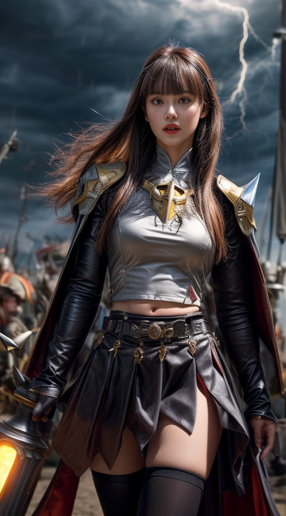 Cowboy Shot、Very beautiful woman、Slender women、(Detailed face)、Realistic Skin、((evil knight)), (Black Armor)、((((非常に細かく複雑な装飾が施されたBlack Armor))))、((Delicate photo)),(Girl Astepeace RAW Photo Details:1.25), (Highest quality:1.6), (Ultra-high resolution:1.5), (Realistic:1.75), 8K resolution, Canon EOS R5, 50mm, Absurd, Super detailed,Cinema Lighting,Battlefields of Medieval Europe、((Fight))、RPG World、Final Fantasy、(((Decorative skirt)))、Thigh-high socks、Shingard、night、((Long hair with bangs,))、Get a six pack、Torn Cloak、Beautiful Armor、(((Giant Sword)))、In combat、The wind is blowing、((Asymmetric Armor:1.5))、(((thunderstorm)))、((Knight Commander))、(((Leading a large group of black knights)))、banner、Wolf Pattern:1.5、(((Battle Scenes)))、(((Creepy Iron Mask)))