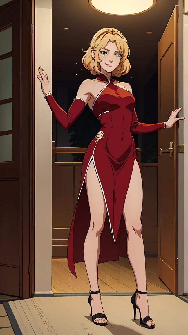 Create an anime style illustration of a young woman in three quarter pose. Shoulder length wavy hair, light brown with blonde highlights, shojo style. Large, expressive eyes with sparkle, hazel iris. Tight red dress, long sleeve, High neckline, side cut at waist, longitude midi. Black high heel shoes with intricate strap design. dynamic pose, turned slightly towards the viewer, warm and charismatic smile. bottom: minimalist building entrance with glass doors and green carpet. Soft lighting from the front left. Vibrant color palette with emphasis on crimson red. Clean and defined line style, cel shading with subtle gradients. Classic anime proportions with slight stylization in eyes and figure. Include fine details such as hair texture, folds of the dress and sparkles in the eyes. Elegant and contemporary overall atmosphere.
