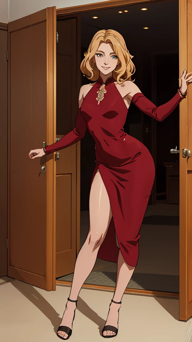 Create an anime style illustration of a young woman in three quarter pose. Shoulder length wavy hair, light brown with blonde highlights, shojo style. Large, expressive eyes with sparkle, hazel iris. Tight red dress, long sleeve, High neckline, side cut at waist, longitude midi. Black high heel shoes with intricate strap design. dynamic pose, turned slightly towards the viewer, warm and charismatic smile. bottom: minimalist building entrance with glass doors and green carpet. Soft lighting from the front left. Vibrant color palette with emphasis on crimson red. Clean and defined line style, cel shading with subtle gradients. Classic anime proportions with slight stylization in eyes and figure. Include fine details such as hair texture, folds of the dress and sparkles in the eyes. Elegant and contemporary overall atmosphere.
