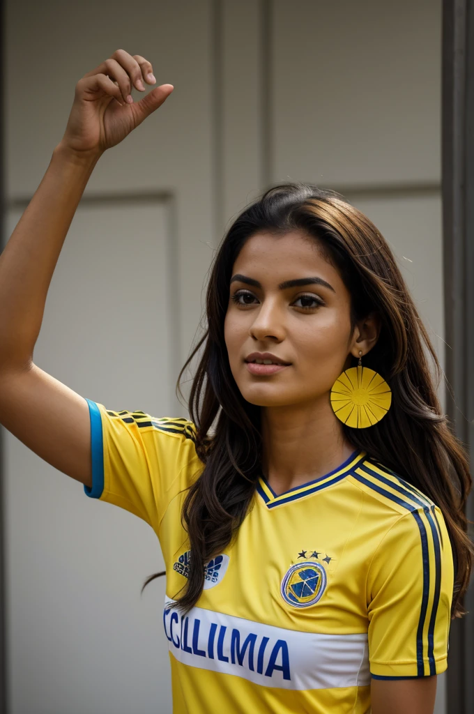 Woman with the yellow Colombia shirt with the name aleja with the number 11 