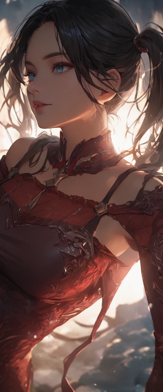 Photo of a woman with natural skin, Seaside cave, The light is shining in, Upper Body, High Twintails, Black hair with red mesh, Sharp eyes with red eyeshadow, Blue-green eyes, Shining eyes, A thin, upturned nose, Well-shaped lips, Big Breasts, ((Black off-the-shoulder dress, Thin shoulder straps)), barefoot, Makeup, Exquisitely crafted with the utmost attention to detail, Vibrant, amazing, Smooth, Cinematic, 4K, Backlight, (()), Shallow depth of field, ((Detailed eyes:1.3, Detailed lips:1.3, high quality, )), masterpiece, Super detailed images, High quality