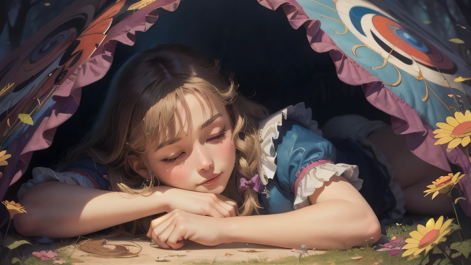 colorful closeup happy Alice In Wonderland Oz, laying down sleeping in dream fantasy celebration bliss galore, realistic, art By Josephine wall, Lisa Frank, Jean Baptiste Monge, Takashi Murakami, vivid and soft, highly detailed