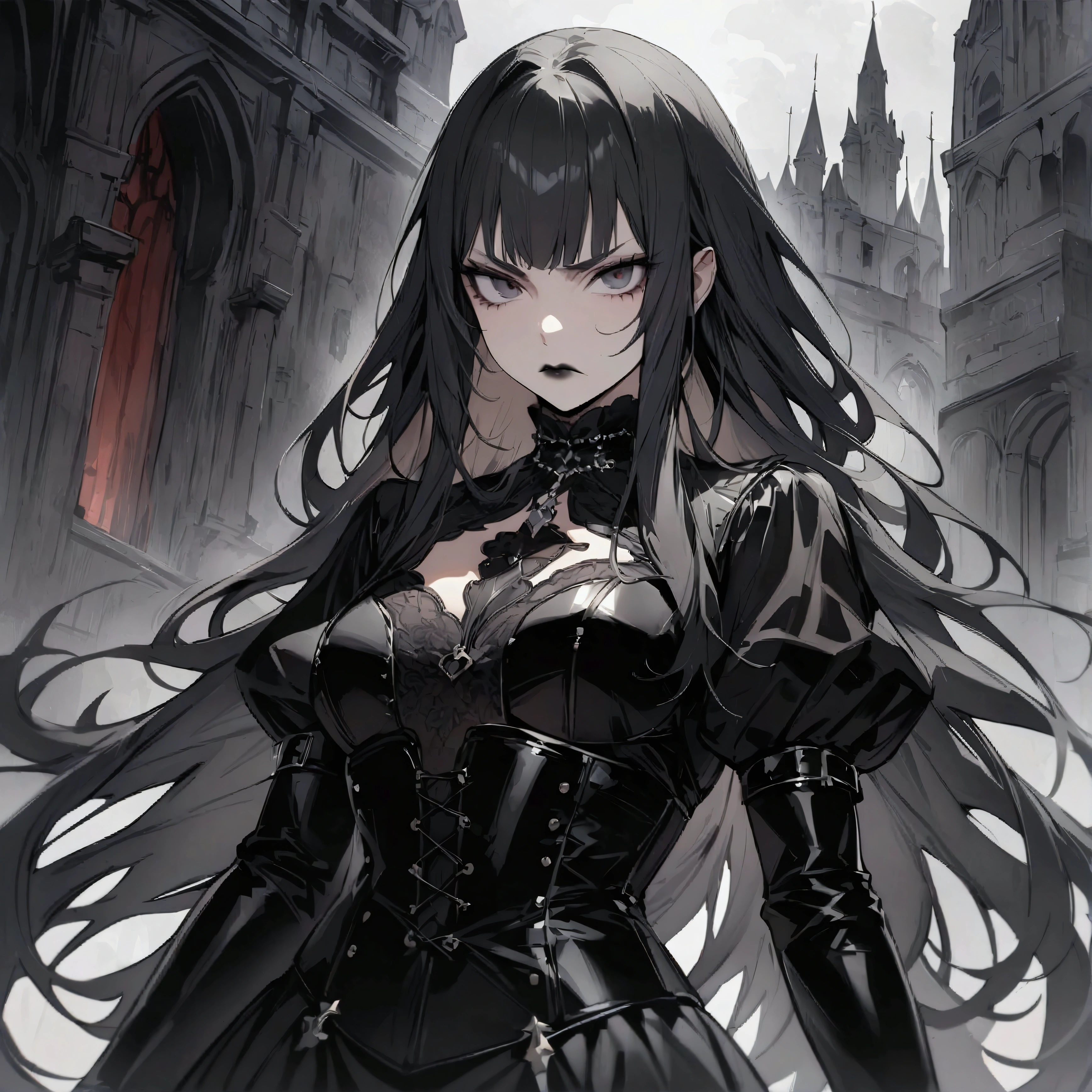 ((Highest quality)), ((masterpiece)), (Very detailed:1.3),Long hair in women, bangs, Leather corset, Black Lipstick Gloves Grotesque, Gothic Landscape, Serious expression