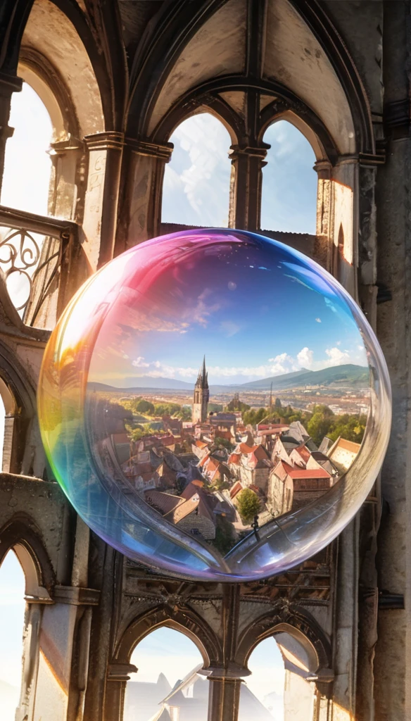 best quality, Ultra-fine, 16K, original photo, lifelike, Extremely ridiculous, Very detailed, A view of the medieval town from the top of a tall clock tower, Translucent rainbow sphere，sparkling center, Fantasy world images, Wonderful and mysterious