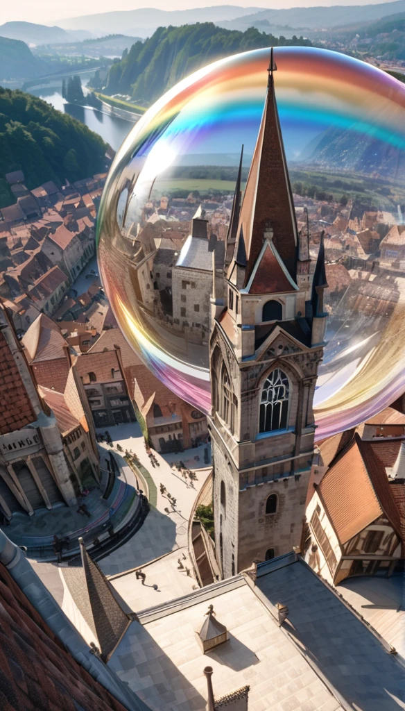 best quality, Ultra-fine, 16K, original photo, lifelike, Extremely ridiculous, Very detailed, A view of the medieval town from the top of a tall clock tower, Translucent rainbow sphere,sparkling center, Fantasy world images, Wonderful and mysterious