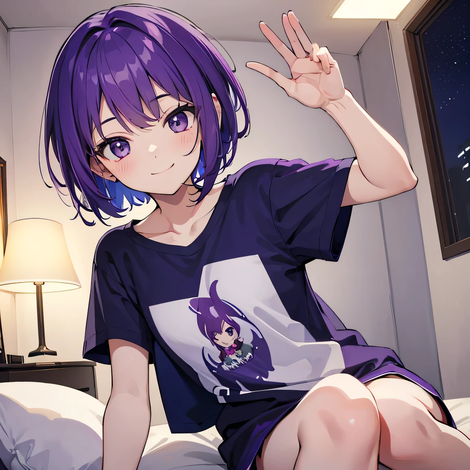 (T Masterpiece，4k wallpaper，Best Quality))、((girl１people))、(solo)、Bright and Brilliant，(Purple Hair)、(short hair:1.3)、smile、Bedroom、T-Shirts、night