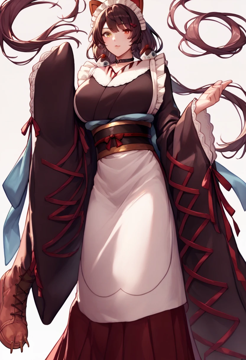 choker, maid headdress, black kimono, wide sleeves, frills, obi, white apron, sleeves past wrists, skirt, red skirt, brown footwear, cross-laced footwear、Huge breasts