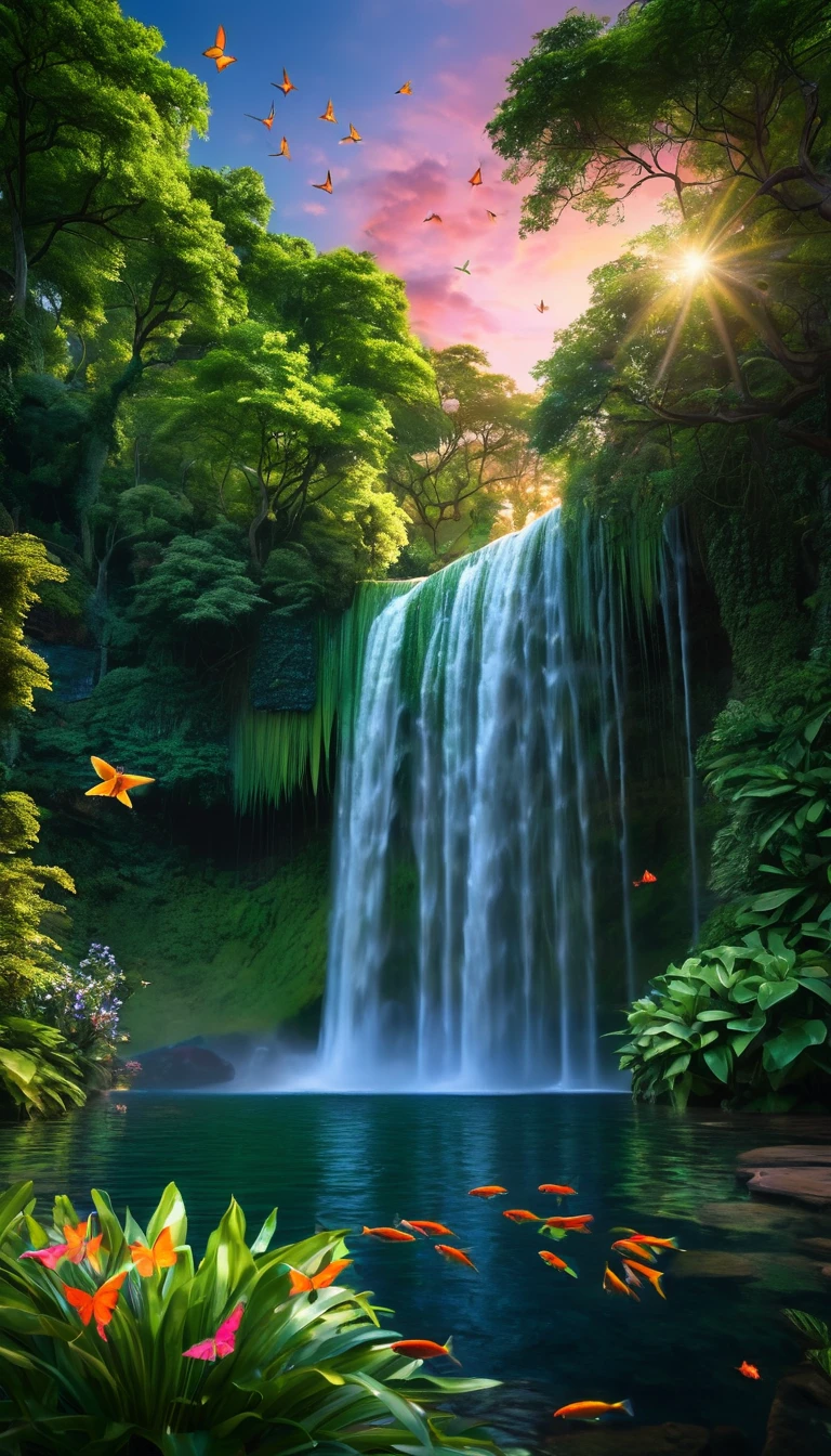 An ultra-realistic, 8k photograph capturing the breathtaking beauty of a waterfall nestled between lush trees on both sides. The water cascades down with incredible detail, reflecting the vibrant colors of the surrounding environment. Below the waterfall, a tranquil lake shimmers with multicolored fish, adding life and movement to the scene. The sky is filled with a variety of birds and butterflies, creating an enchanting atmosphere. As the sun sets, the sky is painted with warm hues of orange and pink, casting a gentle glow over the entire landscape.