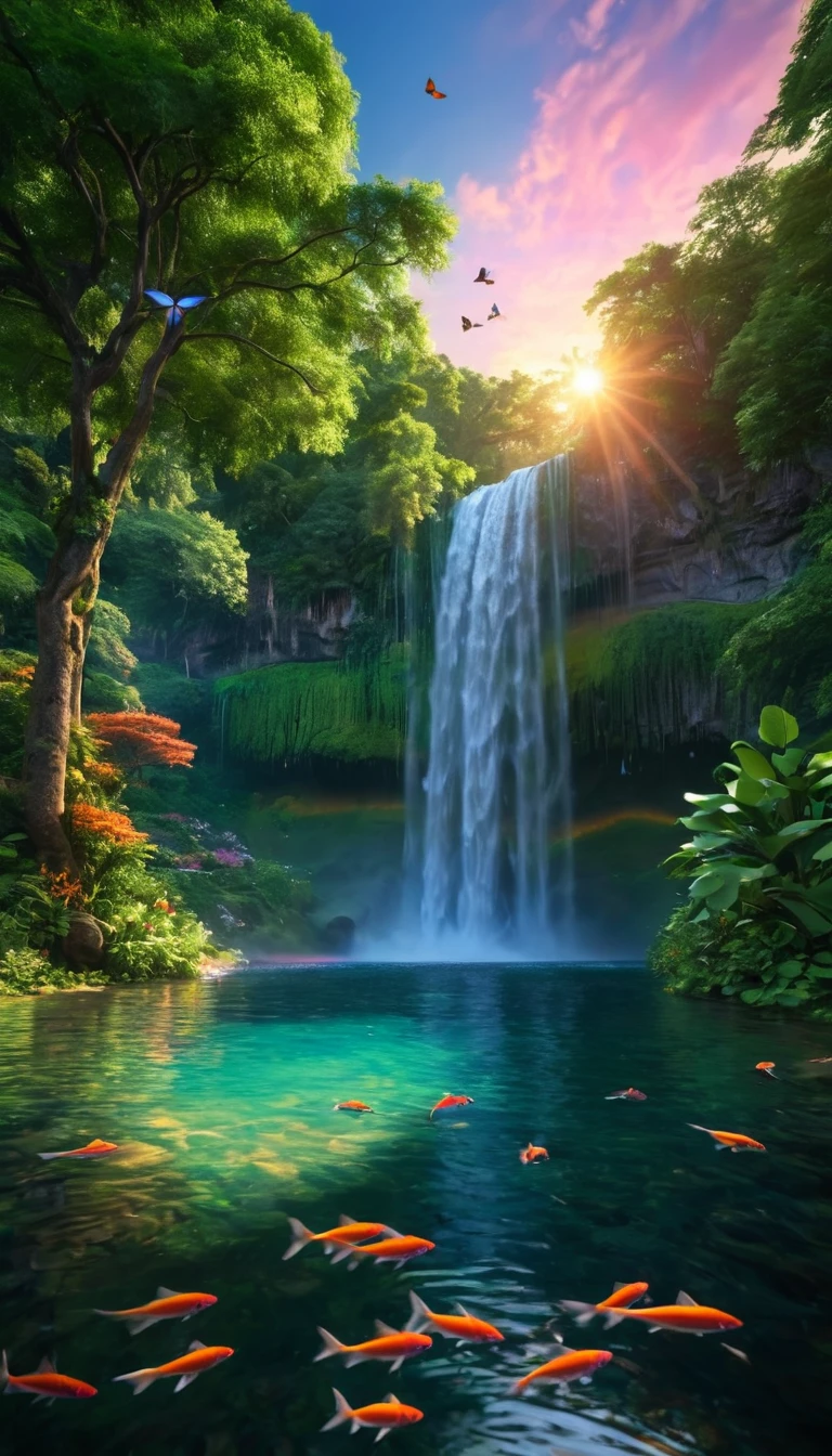 An ultra-realistic, 8k photograph capturing the breathtaking beauty of a waterfall nestled between lush trees on both sides. The water cascades down with incredible detail, reflecting the vibrant colors of the surrounding environment. Below the waterfall, a tranquil lake shimmers with multicolored fish, adding life and movement to the scene. The sky is filled with a variety of birds and butterflies, creating an enchanting atmosphere. As the sun sets, the sky is painted with warm hues of orange and pink, casting a gentle glow over the entire landscape.