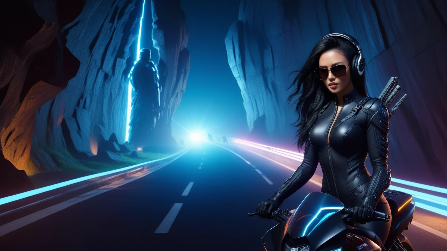 C7b3rp0nkStyle, dark night, prehistoric maze mysterial park, moai statue, waterfall, eagle, cyberpunk, sci-fi, futuristic, tech. (((((1girl, solo, alone, superbiker, close-up superbike shot))))), medium-breast:1.1 slim body, cleavage, sexy clothes, (headphone, black sunglasses, long black realistic hair), (((superbike riding and holding pistol poses))), half-body thigh level medium shot, cinematic lighting, lens flare, ray tracing.