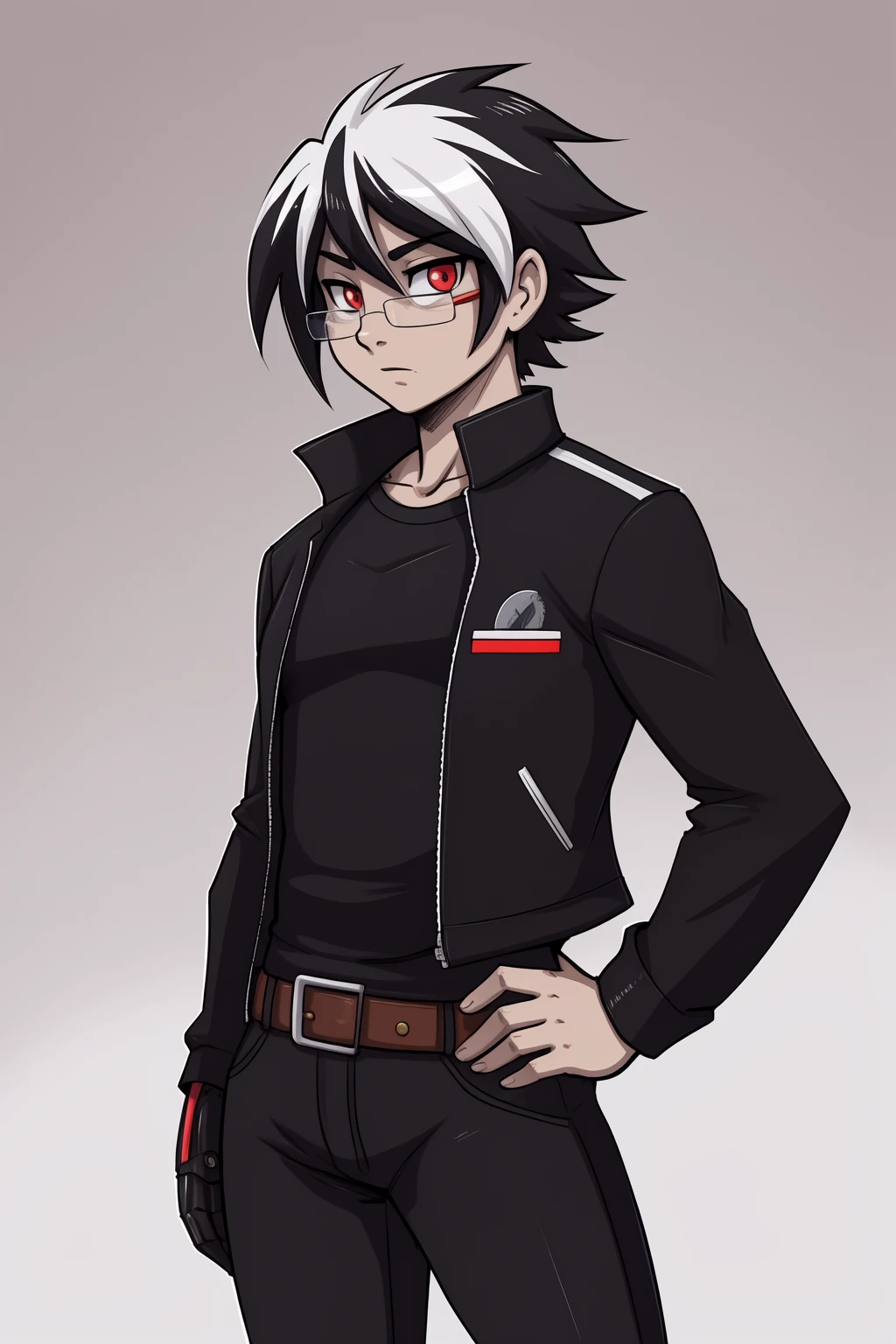(adult, sketch-ish, 2d, absurdres, best quality, uploaded on e621), (by uc77, by zeekzag, by skidd, by john joseco, by kadath, by bigdad, by shonuff, by scappo), ((white background, no background:1.4)), (waist portrait, manga styled, manga styled eyes, intense pupils, getter robo styled eyes), (glasses), (red eyes:1.3), (human, male), young adult, solo, (focused and neutral expression), (grey jacket with yellow shirt:1.2), (belt, black jeans), (spike side-parted fringe, two-tone hair, multicolored hair, black hair, white hair, white streaks), (really thin simple eyebrows:1.3), [straight hair:0.8], cybernetic mecha arm
