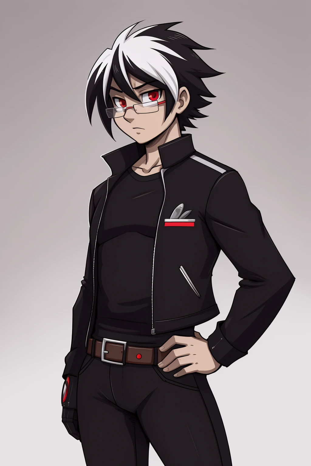 (adult, sketch-ish, 2d, absurdres, best quality, uploaded on e621), (by uc77, by zeekzag, by skidd, by john joseco, by kadath, by bigdad, by shonuff, by scappo), ((white background, no background:1.4)), (waist portrait, manga styled, manga styled eyes, intense pupils, getter robo styled eyes), (glasses), (red eyes:1.3), (human, male), young adult, solo, (focused and neutral expression), (grey jacket with yellow shirt:1.2), (belt, black jeans), (spike side-parted fringe, two-tone hair, multicolored hair, black hair, white hair, white streaks), (really thin simple eyebrows:1.3), [straight hair:0.8], cybernetic mecha arm