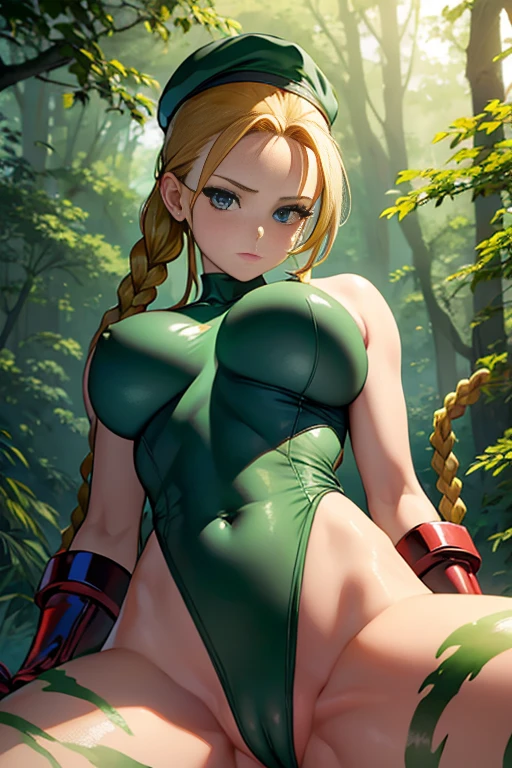 masterpiece、Highest quality、8K、(((Spread your legs)))、((Shiny underwear)))、Green leotard、Beautiful beauty、clean golden hair、((whole body))、(((Photo taken from below)))、forest、Large Breasts、Big Breasts、、tall、Long limbs、The hairstyle is two braids、masterpiece, Highest quality, High resolution, 1 girl, Cammy Blanco, Twin braids, wide, By Rubio, Antenna hair, , (Red Hat:1.3), blue eyes, Scar on cheek, Green leotard, Large Breasts, No sleeve, Red gloves, Fingerless gloves, Camouflage, Cowboy Shot, Are standing,