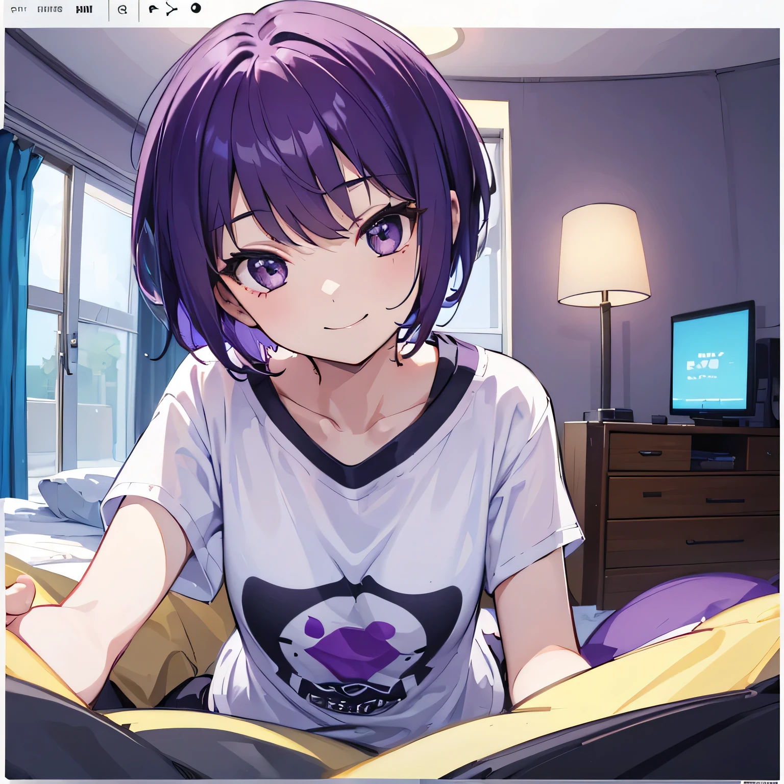 (T Masterpiece,4k wallpaper,Best Quality))、((girl1people))、(solo)、Bright and Brilliant,(Purple Hair)、(short hair:1.3)、smile、Bedroom、T-Shirtorning