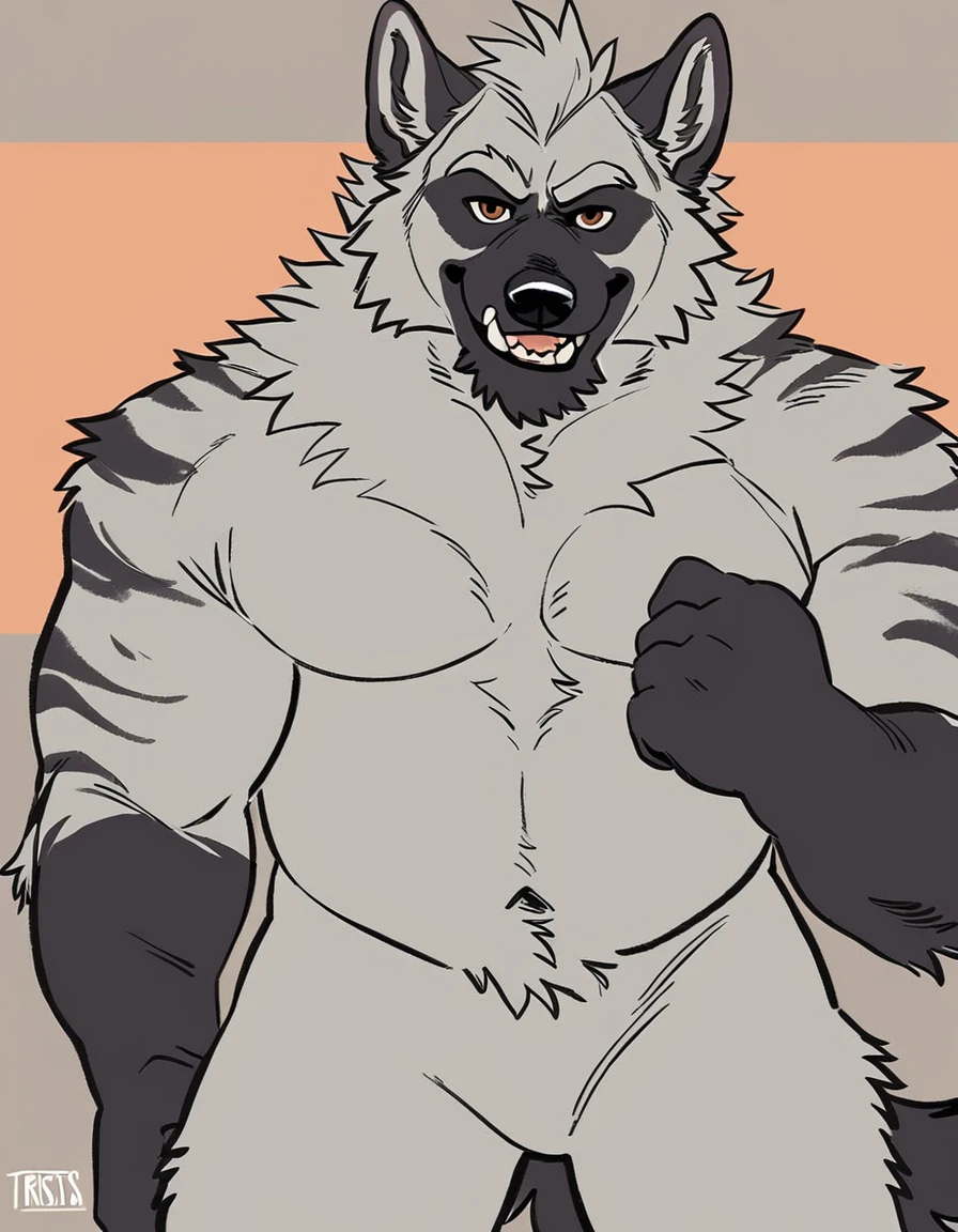 Alone, male, Anthro (striped hyena), by tritscrits, (by botch:0.7), digitigrade, digital artwork, (flat colors:1.3), striped hyena tail, mature male, sexy,gray fur, Looking at camera, The hyenna is looking at the viewer in a mischievous and playful way., detailed half body image 