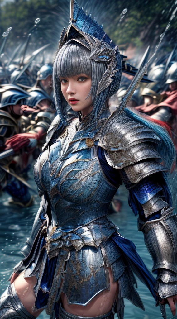 Very beautiful woman、Slender women、(Detailed face)、Realistic Skin、((Water Knight:1.1)), ((Dark blue armor))、((((Dark blue armor with very fine platinum detailing:1.5))))、((Delicate photo)),(Girl Astepeace RAW Photo Details:1.25), (Highest quality:1.6), (Ultra-high resolution:1.5), (Realistic:1.75), 8K resolution, Canon EOS R5, 50mm, Absurd, Super detailed,Cinema Lighting,((Fightfield))、((Fight))、(((White skirt with embellishments)))、Thigh-high socks、Shingard、((Light blue hair))、((Bowl cut hairstyle with bangs))、(Six Pack:1.1)、Cape、Beautiful Armor、(((Has a huge weapon)))、(In combat)、The wind is blowing、((Symmetrical armor))、((((splash:1.1))))、(((Leads a large group of blue knights:1.2)))、banner、(Armor with a dragon motif)、(((Battle Scenes)))、(blue Dragon)、((Browsing Caution:1.1))、(((Use the magic of water:1.2)))