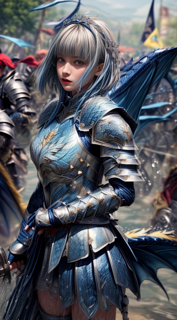 Very beautiful woman、Slender women、(Detailed face)、Realistic Skin、((Water Knight:1.1)), ((Dark blue armor))、((((Dark blue armor with very fine platinum detailing:1.5))))、((Delicate photo)),(Girl Astepeace RAW Photo Details:1.25), (Highest quality:1.6), (Ultra-high resolution:1.5), (Realistic:1.75), 8K resolution, Canon EOS R5, 50mm, Absurd, Super detailed,Cinema Lighting,((Fightfield))、((Fight))、(((White skirt with embellishments)))、Thigh-high socks、Shingard、((Light blue hair))、((Bowl cut hairstyle with bangs))、(Six Pack:1.1)、Cape、Beautiful Armor、(((Has a huge weapon)))、(In combat)、The wind is blowing、((Symmetrical armor))、((((splash:1.1))))、(((Leads a large group of blue knights:1.2)))、banner、(Armor with a dragon motif)、(((Battle Scenes)))、(blue Dragon)、((Browsing Caution:1.1))、(((Use the magic of water:1.2)))