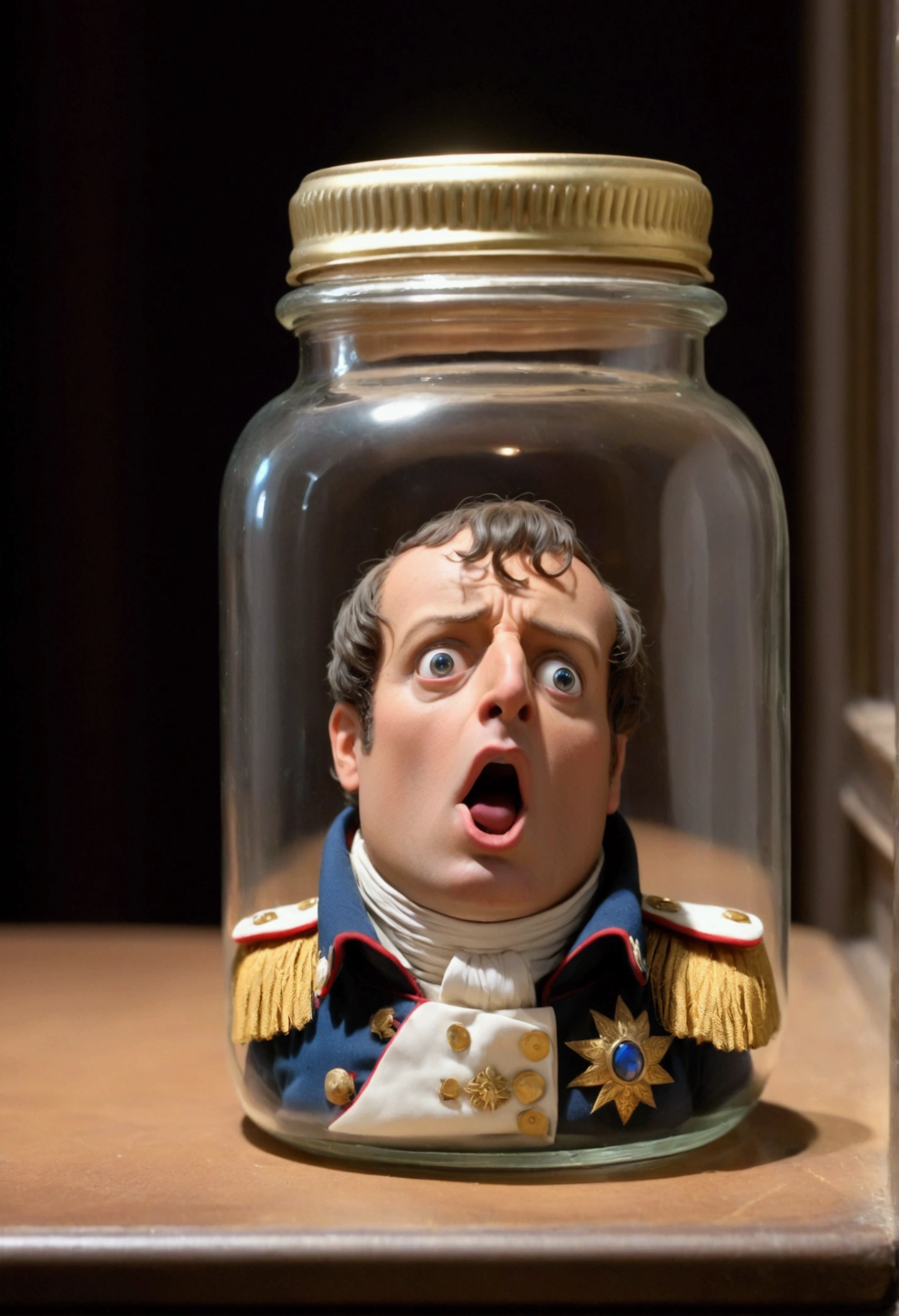 A shocked expression from an audience looking at a small glass jar containing an object labeled as "Napoleon's penis". Represent it in a tasteful, non-explicit manner.
