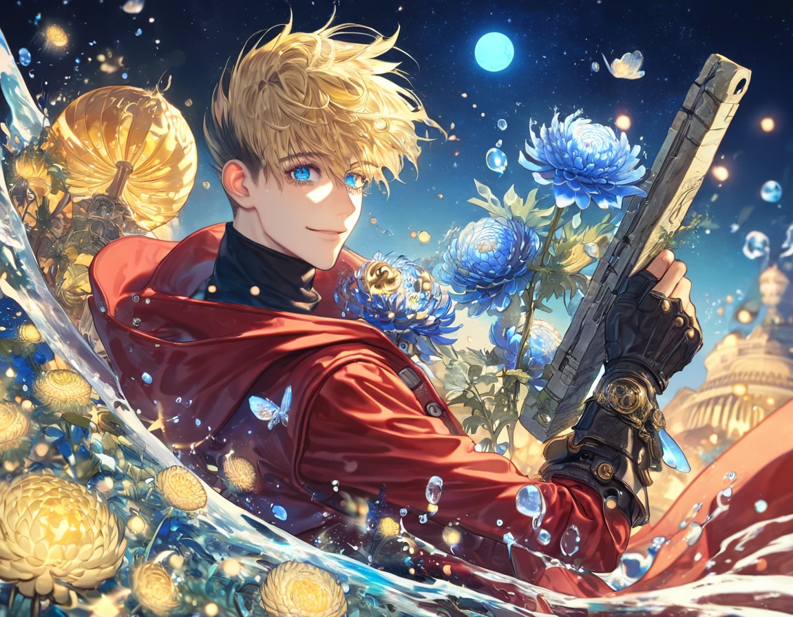 absurdres, highres, ultra detailed, HDR, master piece, best quality, extremely detailed, Vash Stampede, blonde hair, expressive blue eyes, round amber sunglasses, Trigun, solo, sexy man, handsome, smile, hooded red coat, black turtleneck shirt, fantasy, water, sparkling, blue glittering fireflies, blue moon, blue blossoms, blue chrysanthemums, blue sparkling lights, starry sky