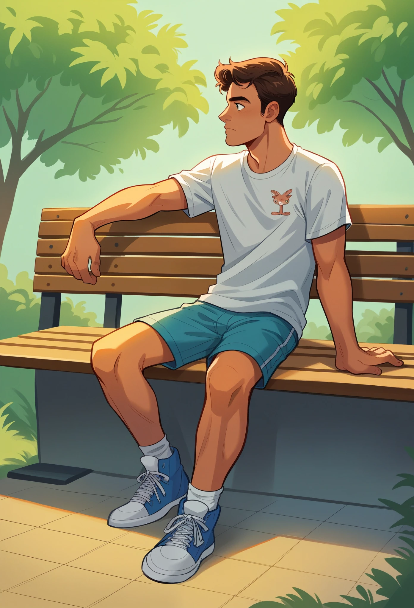 there is a man sitting on a bench in front of a tree, Nick Silva, caio santos, inspired by Nathan Oliveira, mid shot portrait, Jovem com short, skin tanned, t-shirt and shorts, vacation photo, wearing shorts and t-shirt, david rios ferreira, profile image, photo by full body, pose casual, about 19 years old