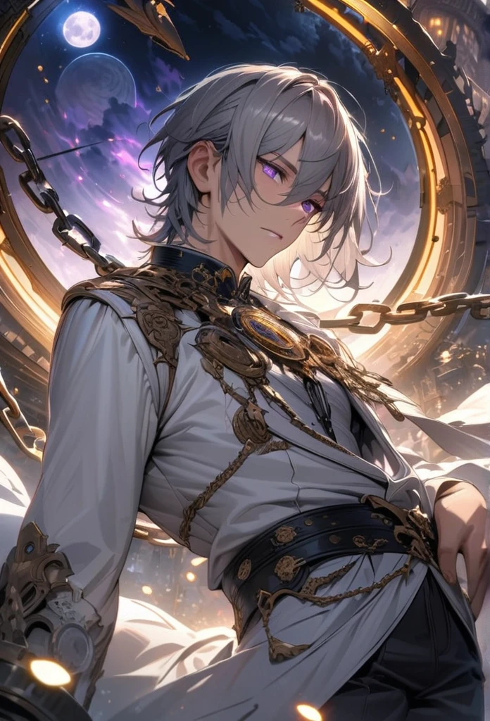 absurdres, highres, ultra detailed, HDR, master piece, best quality, extremely detailed face and eyes, gray hair with bangs, hair between the eyes, expressive purple eyes, solo, sexy man, handsome, white coat, black pants, clock mechanical moon, fantasy, chains, fireflies