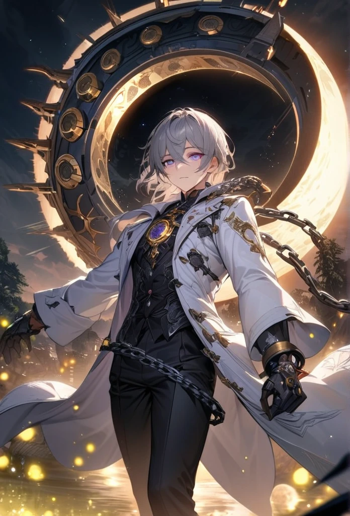 absurdres, highres, ultra detailed, HDR, master piece, best quality, extremely detailed face and eyes, gray hair with bangs, hair between the eyes, expressive purple eyes, solo, sexy man, handsome, white coat, black pants, clock mechanical moon, fantasy, chains, fireflies