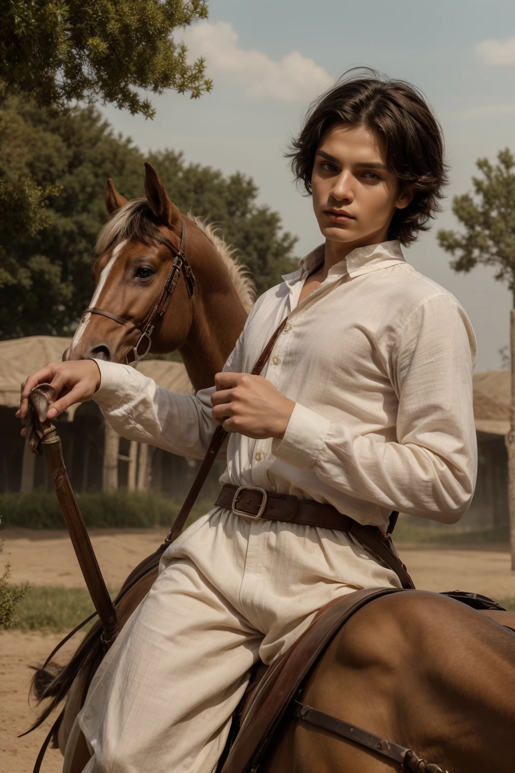 A cute, beautiful twink male with black hair and a red face with makeup. He is wearing a white long-sleeved shirt and gothic brown cotton and linen pants. He is a fierce fighter riding on a horse with a golden war sword in his hand. He is on the great battlefield.