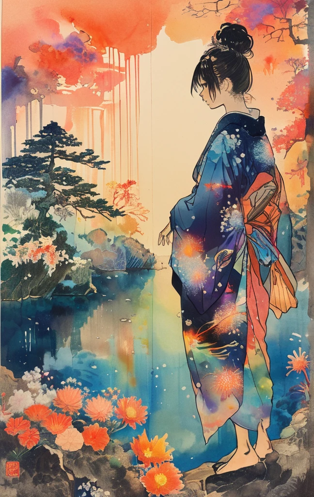 Microphotography, Anime girl made of glass in kimono silhouette, vibrant rainbow river, fireworks in night sky, colorful coral reefs, detailed illustration, Ukiyo-e style