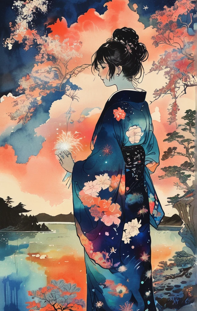 Microphotography, Anime girl made of glass in kimono silhouette, vibrant rainbow river, fireworks in night sky, colorful coral reefs, detailed illustration, Ukiyo-e style