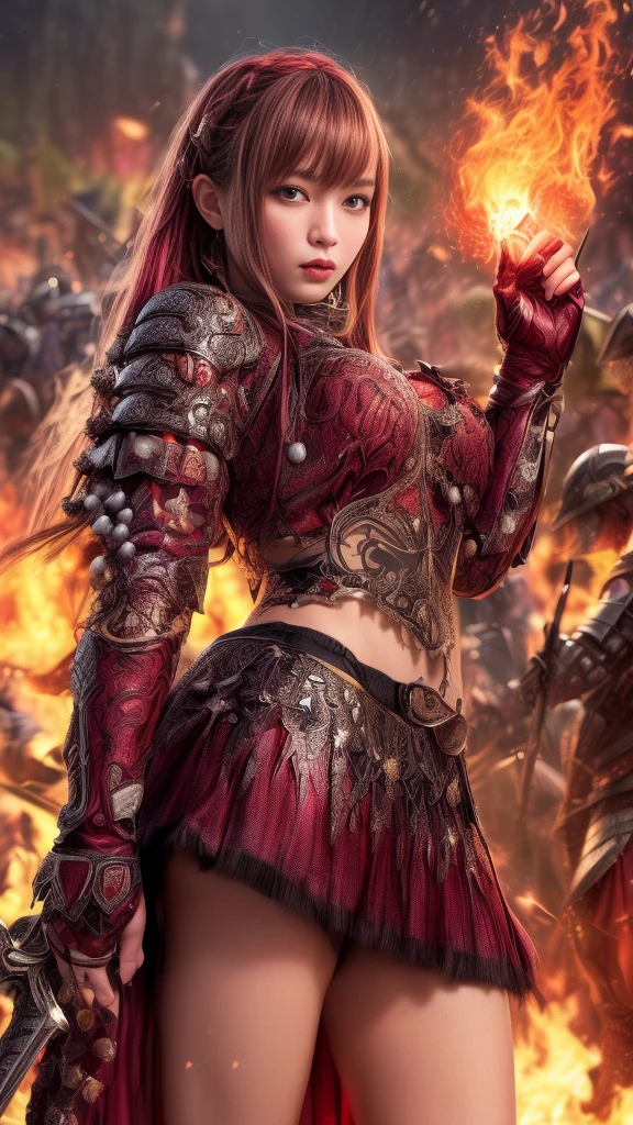 Very beautiful woman、Slender women、(Detailed face)、Realistic Skin、((Knight of Fire)), (((Red Armor:1.25)))、((((A black armor with extremely detailed and intricate decoration.))))、((Delicate photo)),(Girl Astepeace RAW Photo Details:1.25), (Highest quality:1.6), (Ultra-high resolution:1.5), (Realistic:1.75), 8K resolution, Canon EOS R5, 50mm, Absurd, Super detailed,Cinema Lighting,Battlefields of Medieval Europe、((Fight))、RPG World、Final Fantasy、(((Decorative skirt)))、Thigh-high socks、Shingard、night、Pink Hair、((Bangs are too long))、((Long, thick pink braids))、Get a six pack、Torn Cloak、Beautiful Armor、(((Giant Sword)))、In combat、The wind is blowing、(((Flames covering the area)))、(((Leading a large group of red knights)))、(((Knight Commander)))、Armor with a phoenix motif、((flames of fire))、(((Battle Scenes)))、((Browsing Caution:1.2))、(((I can see her panties:1.4)))、、((Skirt lift in the wind))