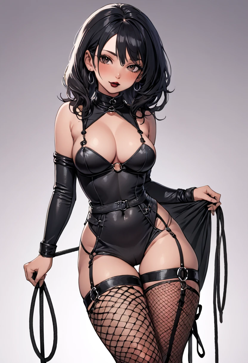 Beautiful, sensual nude and erotic women with big breasts. She is tied up tightly with thick rope.,Her breasts tied up、She has large ring piercings in her nipples..She wears fishnet stockings up to her thighs...Dark eyes with smoky eyeshadow and black eyeliner, Black semi-matt lipstick, Dark Skin, A frivolous, proud smile, Black Hair.Full body image、Plain white background、Black thigh-high boots with black stiletto heels.Black harness.Full body angle from the side、Hi-Hi Pose、BDSM、Pin-up girl style