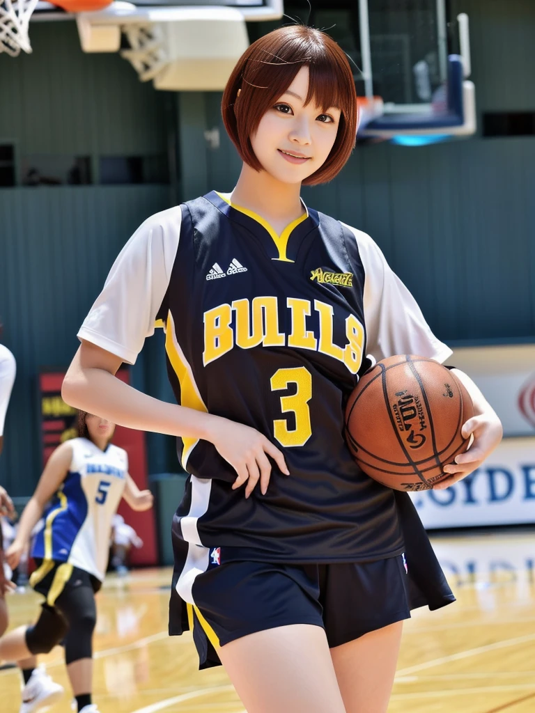 araffe asian woman in uniform holding a basketball ball on a court, wearing basketball jersey, wearing nba jersey, emma watson as a tall nba player, wearing a volleyball jersey, tzuyu from twice, chiho, anime girl in real life, chiho ashima, yukii morita, xue han, aoshima chiho, mid shot portrait