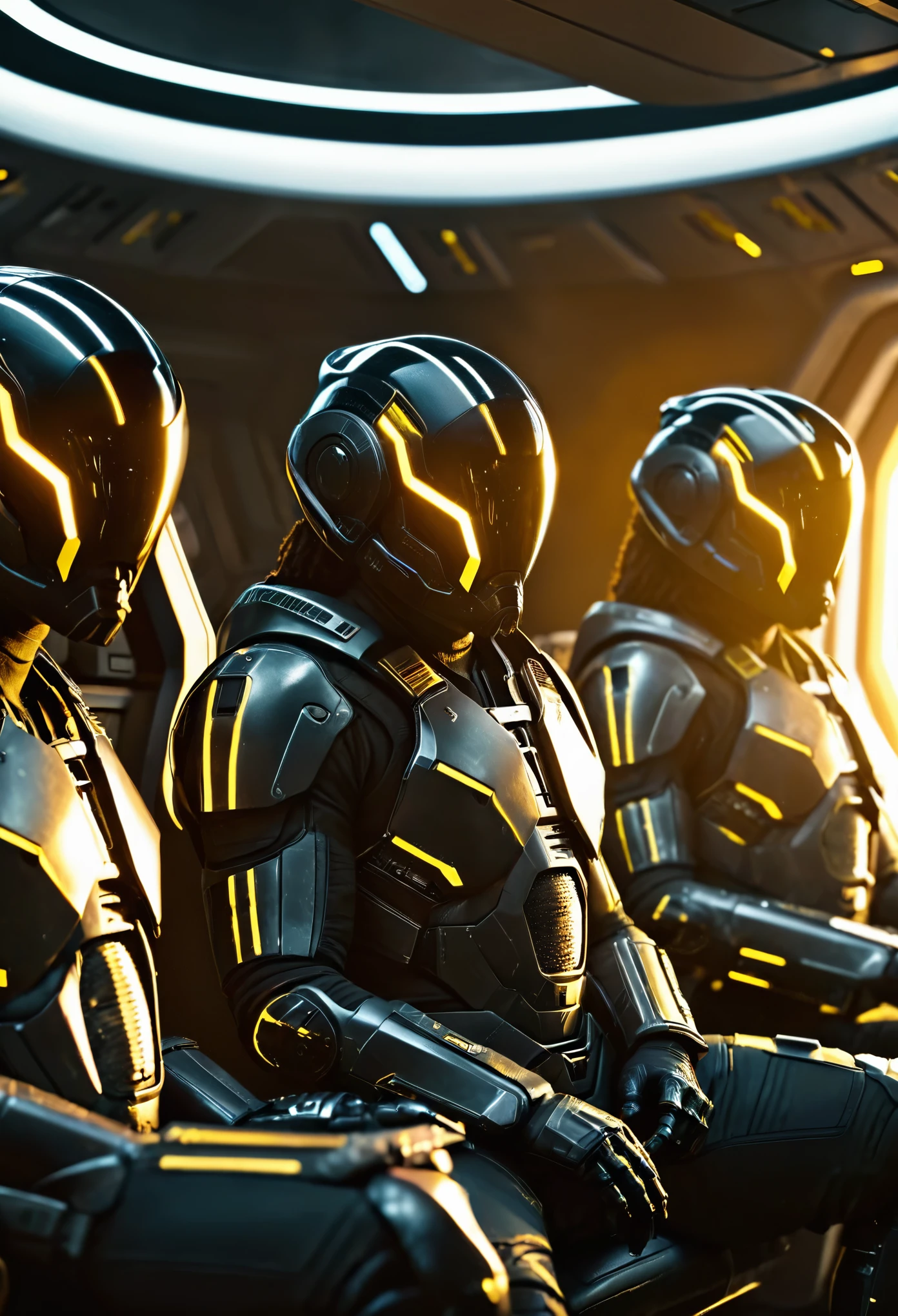 Interior shot of a crew of black mercenaries wearing futuristic armour holding futuristic guns, sitting in a futuristic spaceship, futuristic spaceship flying in space, yellow sunlight shining into the spaceship providing a dark yellow cinematic colour grading, sci-fi movie scene, ridley scott sci-fi movie, Denise villeneuve scifi movie, 32k, ultra HD, unreal engine rendered