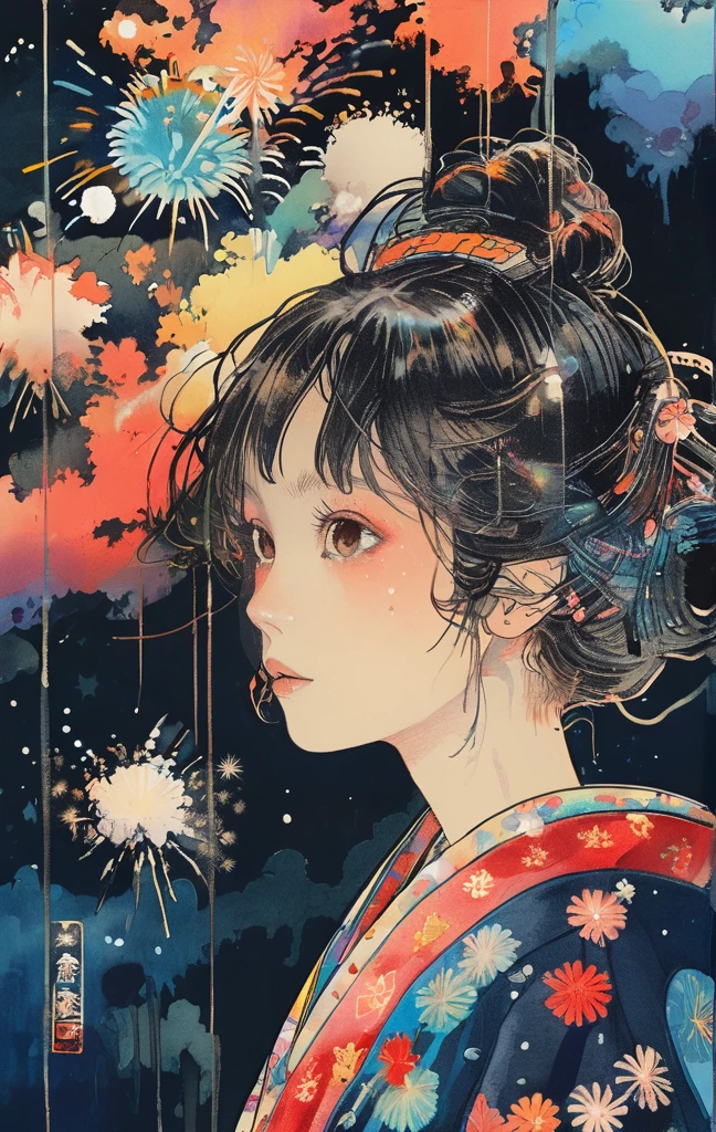 Microphotography, Anime girl made of glass in kimono silhouette, vibrant rainbow river, fireworks in night sky, colorful coral reefs, detailed illustration, Ukiyo-e style